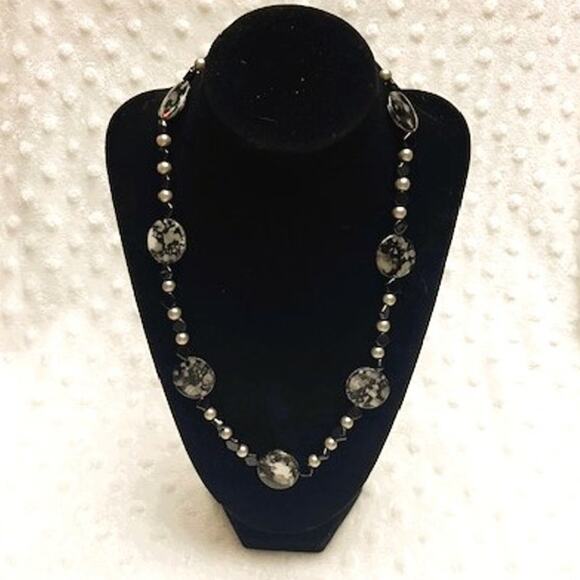 Faux Gray Pearls, Black Diamond Shaped, & Black/Silver/Gray Disc Beaded Necklace - Picture 1 of 4